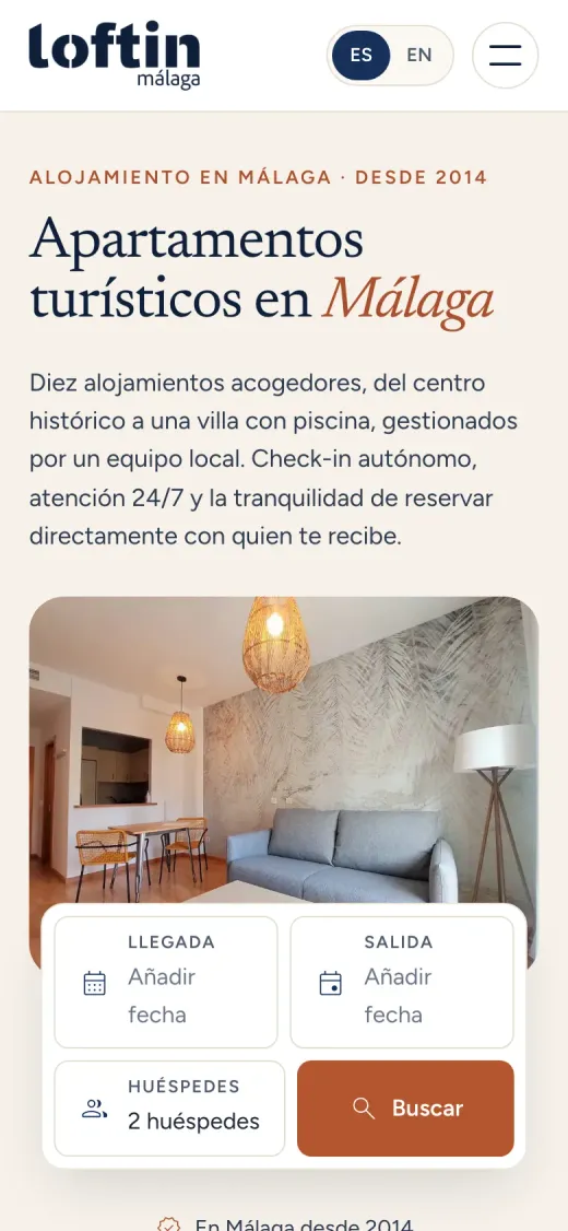Web de Loft in Málaga en el móvil con el buscador de fechas
